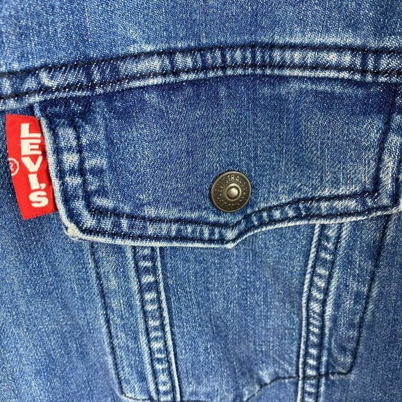 Levi's Jean Jacket Mens Size XL Track Coach Trucker Denim Blue Spell Out - Picture 5 of 5